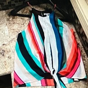 Express Multicolor Striped Tie-Front Halter Top